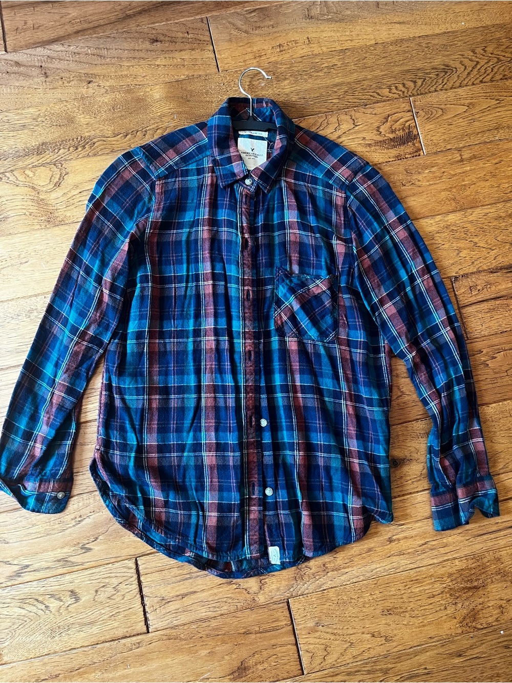 Women’s American Eagle Outfitters Blue and Burgundy Plaid Button-Down Shirt